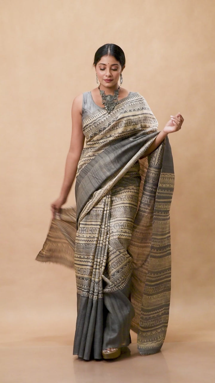 Grey handwoven tussar silk block print saree