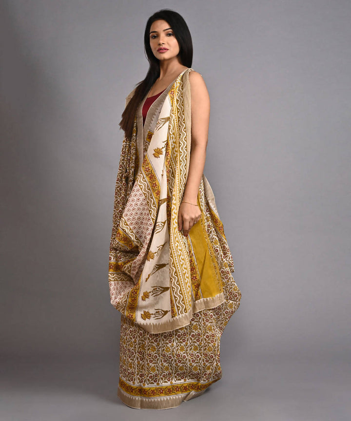 Beige cotton silk hand block printed saree with matching blouse