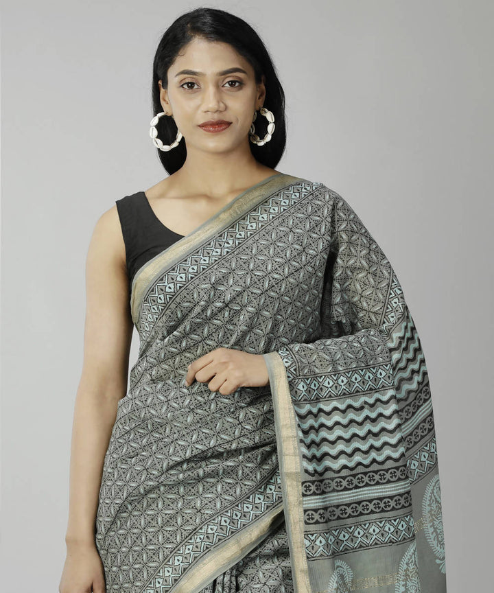 Dark grey bagru handblock printed cotton silk saree