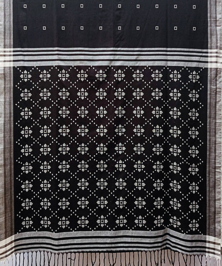 Black white handwoven extra weft cotton saree