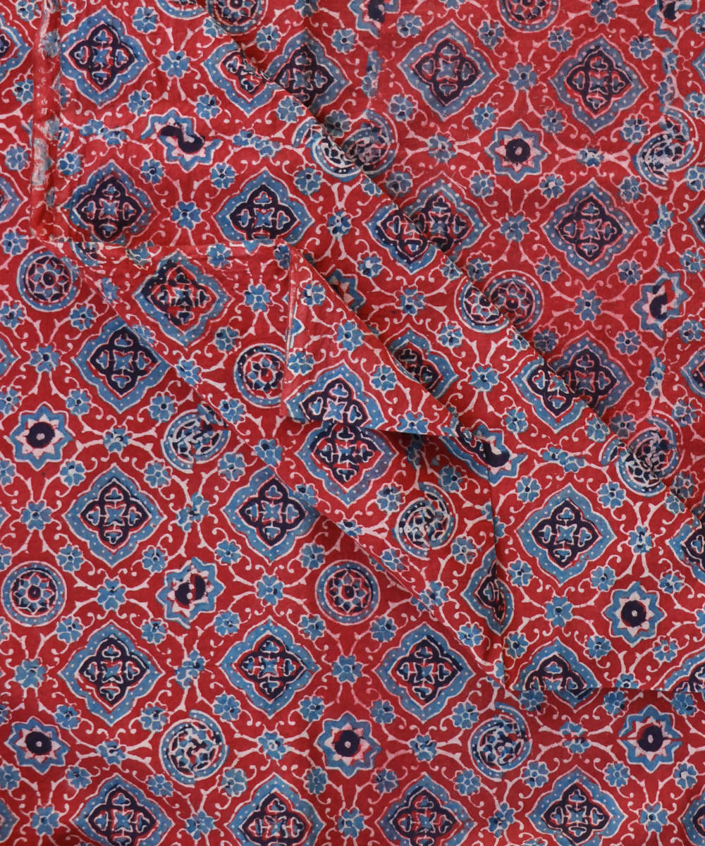 Powder blue red natural dye hand block printed cotton fabric