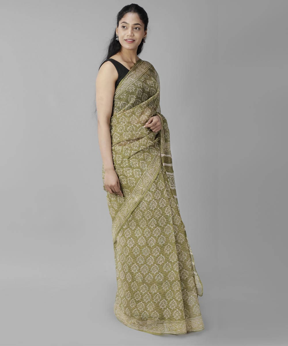 Mehendi green bagru handblock printed cotton saree