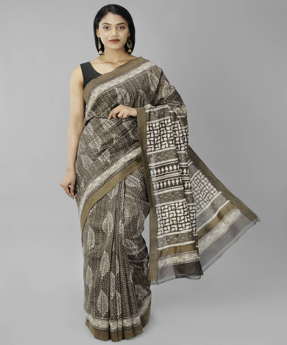Dark brown bagru handblock print cotton silk saree