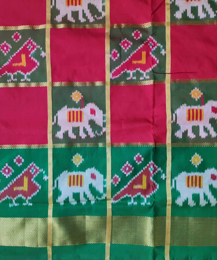 Green with red checks purple handwoven ikkat silk pochampally saree