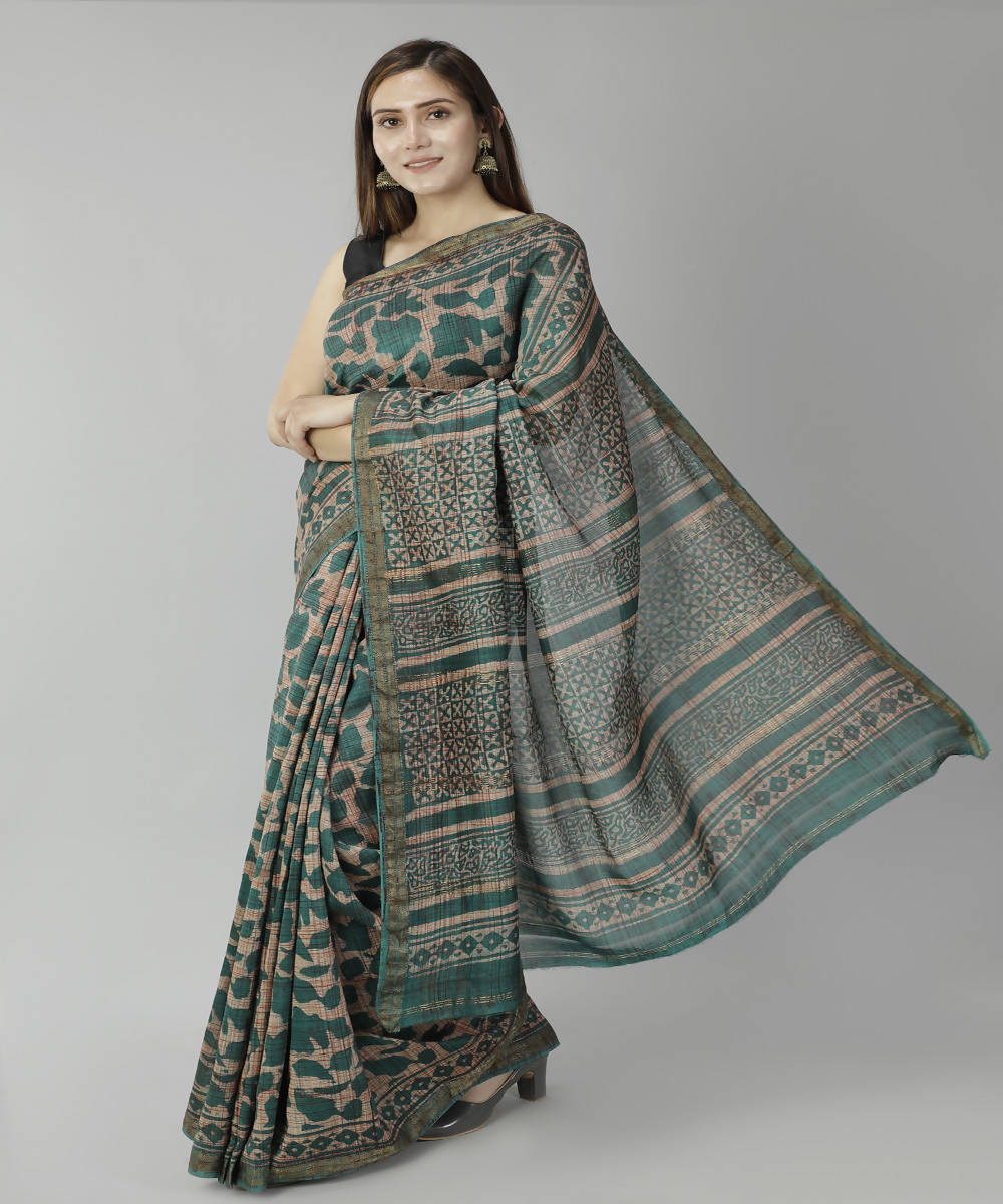 Dark sea green bagru handblock printed cotton silk saree