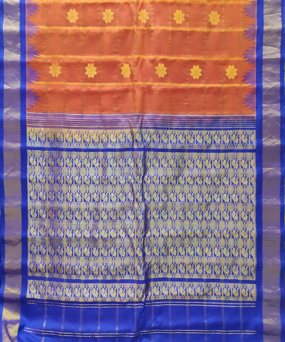 orange blue Handwoven Gadwal Butta Work Silk Saree