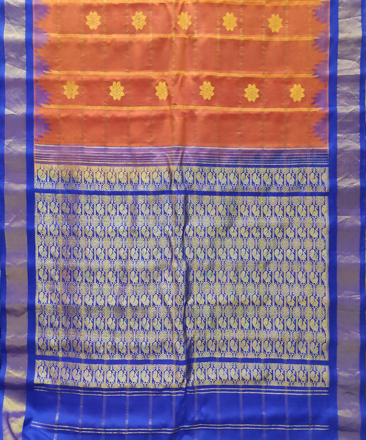 orange blue Handwoven Gadwal Butta Work Silk Saree