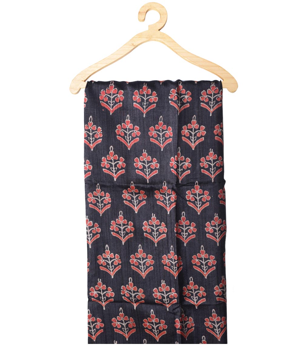Black hand block printed tussar silk kurta material(2.5m per qty)
