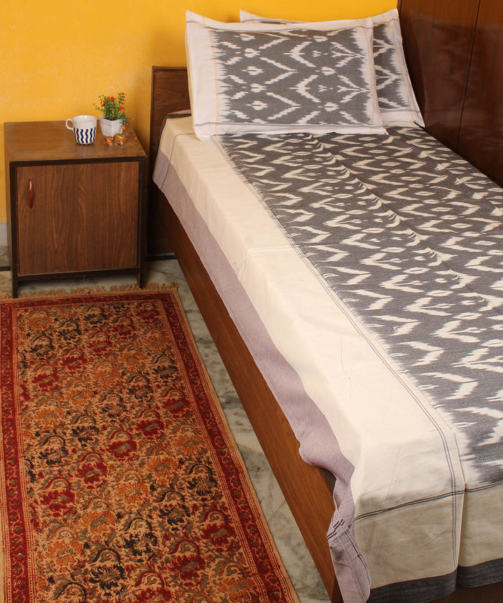 Grey white cotton handwoven pochampally ikat bedsheet