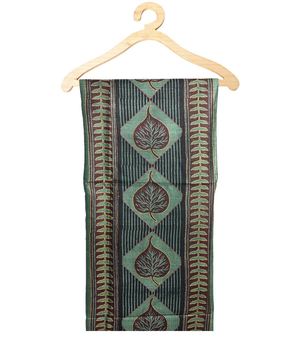 Olive green handblock print tussar silk kurta material(2.5m per qty)