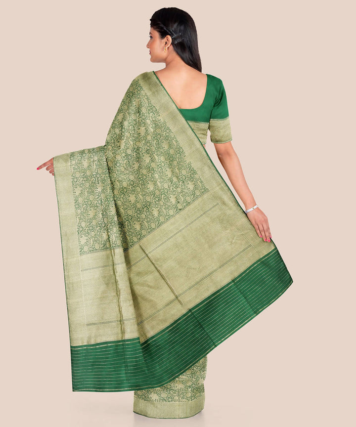 Bottle green beige handloom silk katan banarasi saree