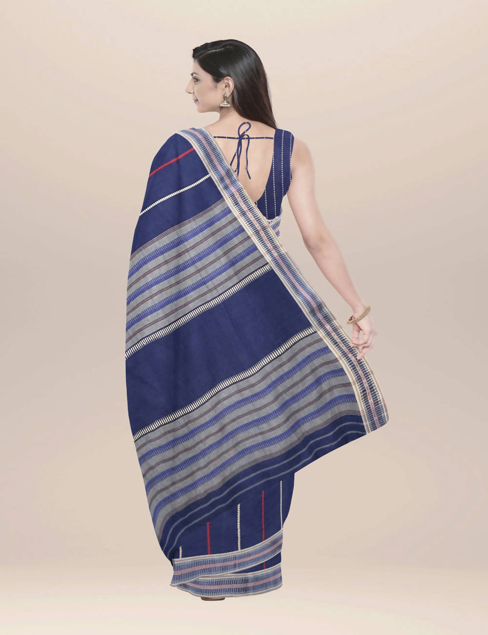 Navy blue dhonekhali handwoven cotton saree