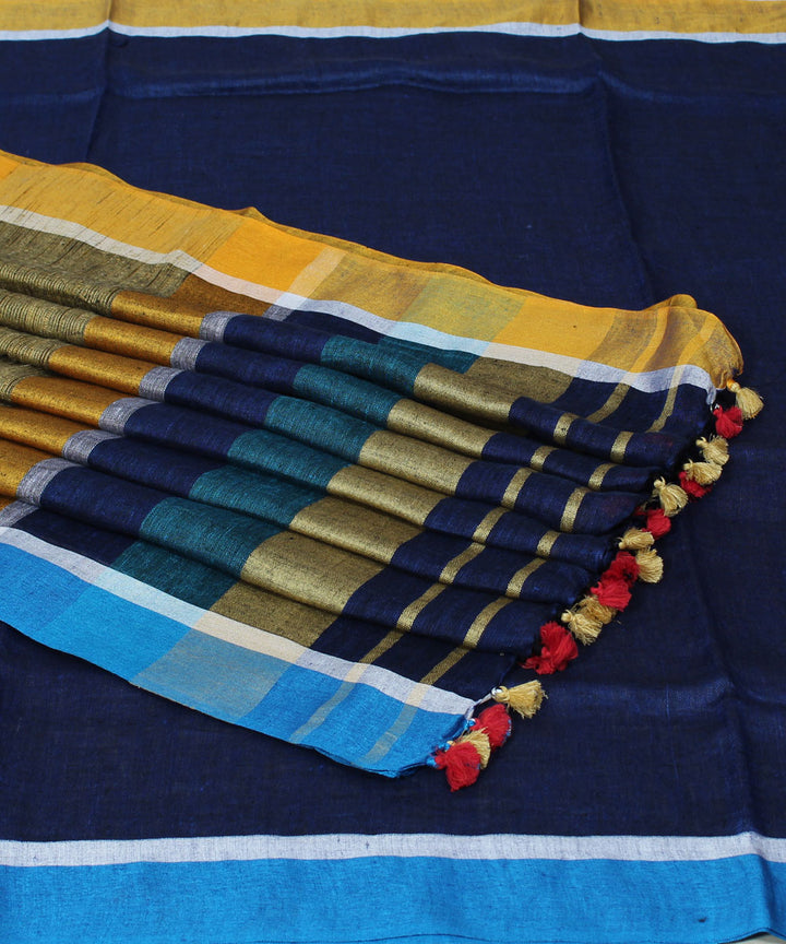 Navy blue handwoven linen saree