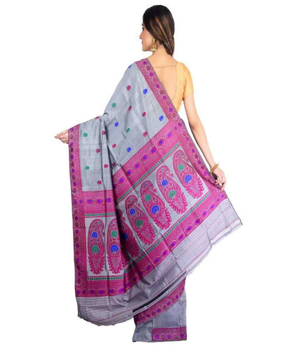 Grey purple handwoven baluchari silk saree