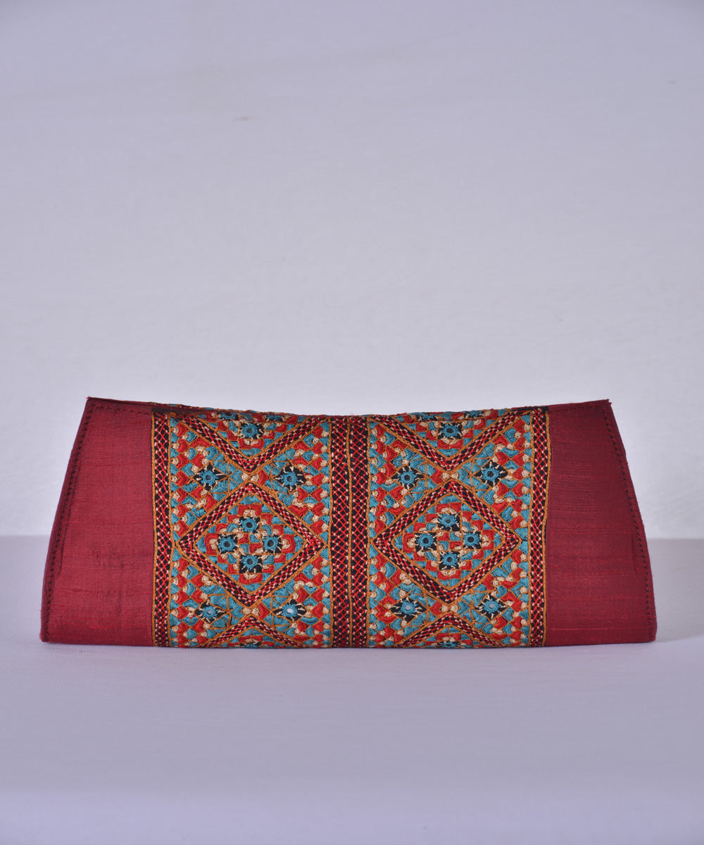 Maroon multicolor kutchy hand embroidery silk clutch purse