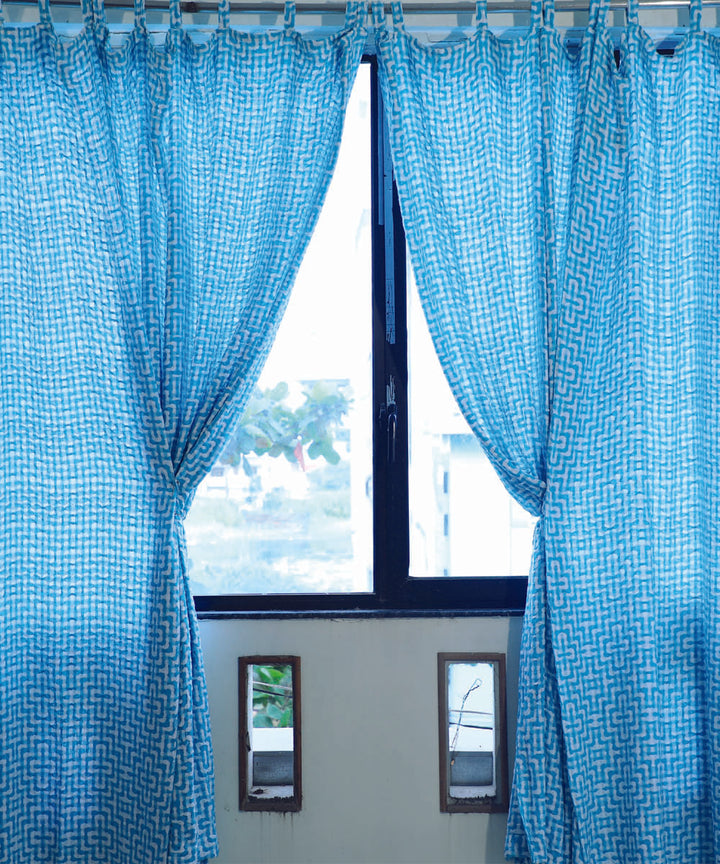 Marine blue handwoven multi treadle cotton curtain set of 4