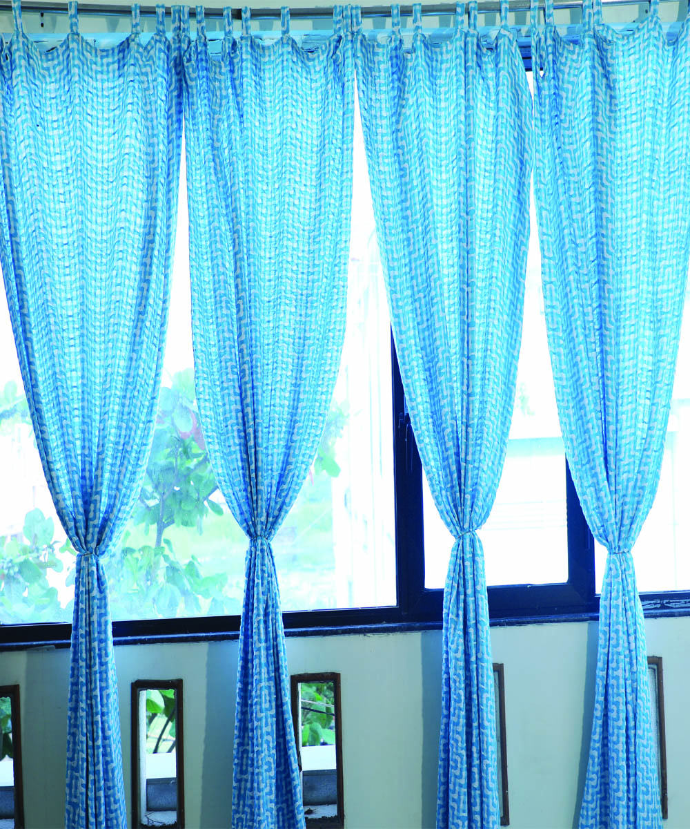 Marine blue handwoven multi treadle cotton curtain set of 4