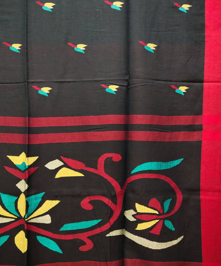 Black red handwoven jamdani malmal cotton saree