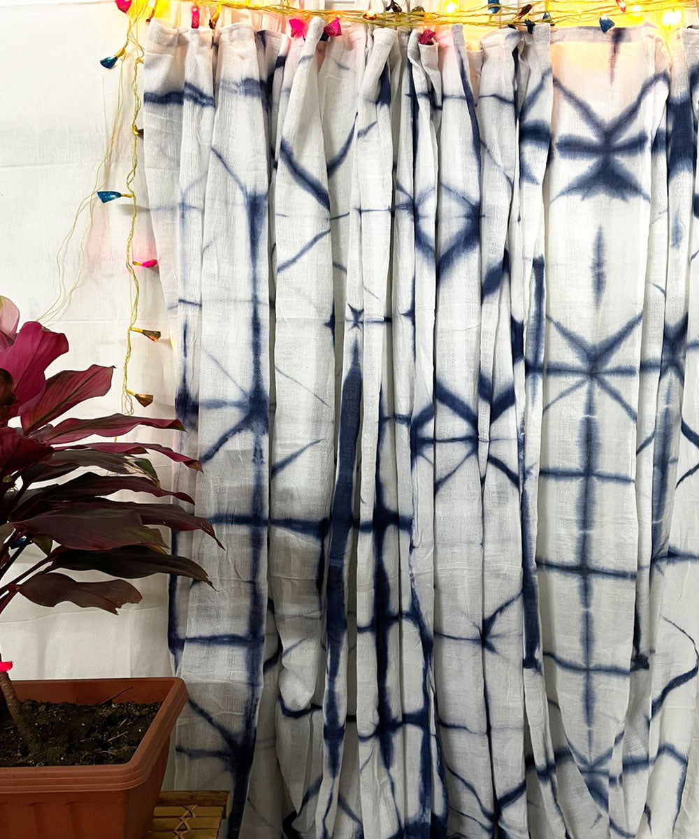 White blue hand printed tie dye net cotton curtain set of 4