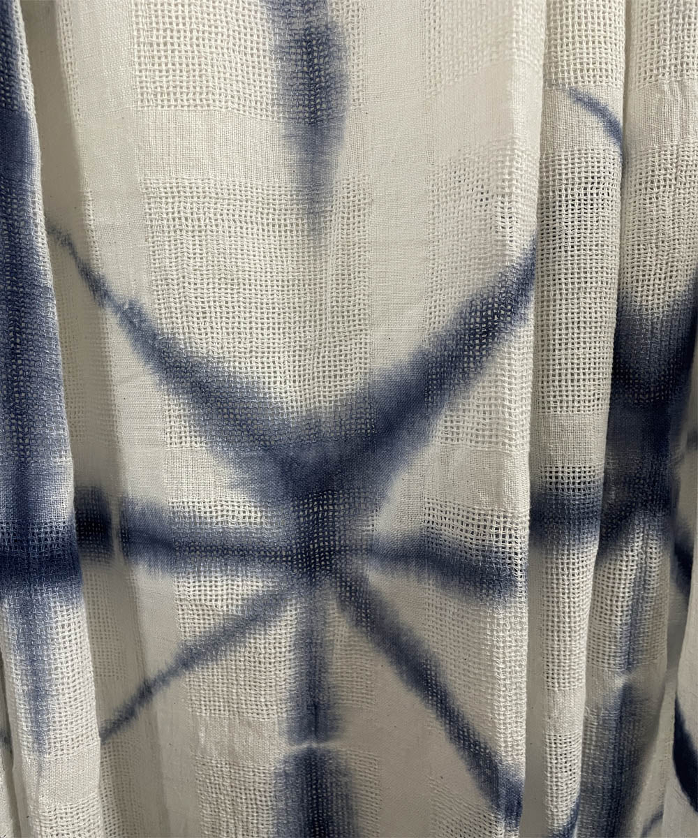 White blue hand printed tie dye net cotton curtain set of 4