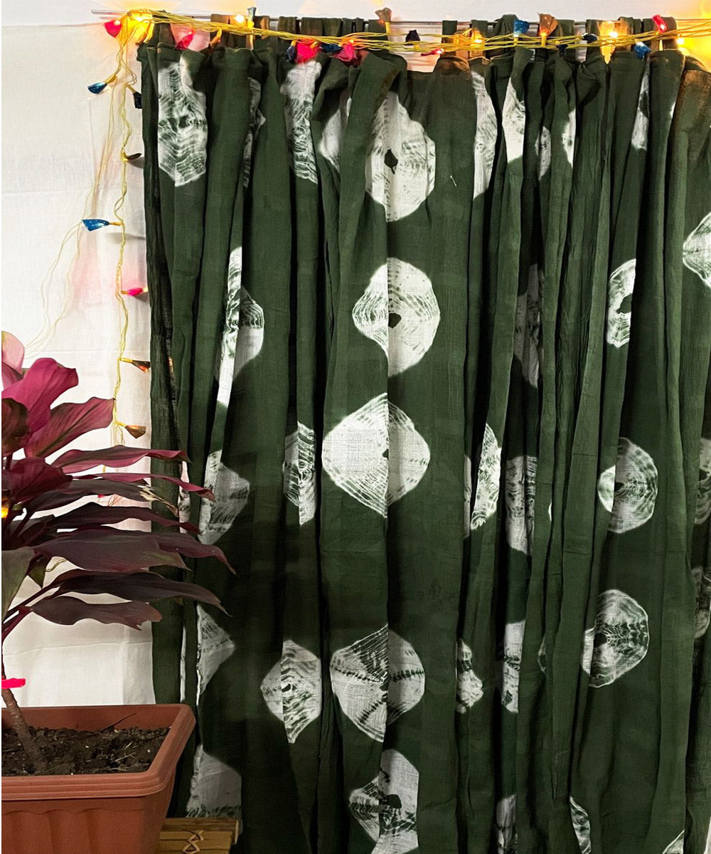 Green hand printed tie dye net cotton curtain set of 4
