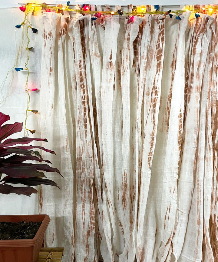 White brown hand printed tie dye net cotton curtain set of 4