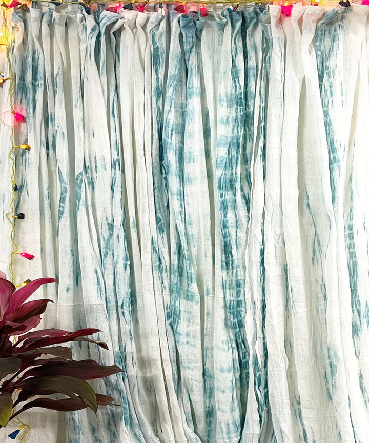 Blue white hand printed tie dye cotton net curtain set of 4