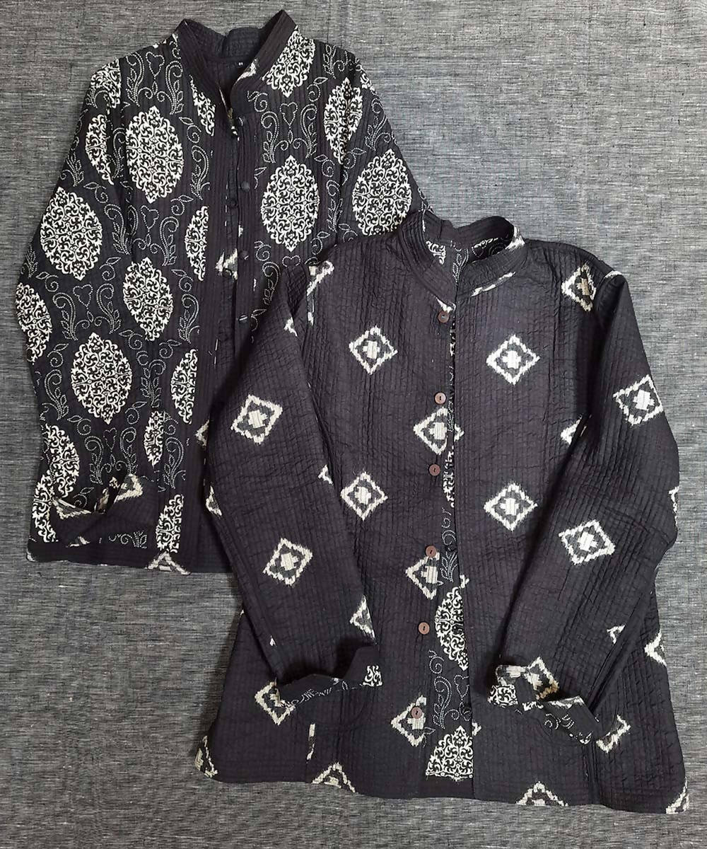 Black block printed reversible jacket with cotton quilting