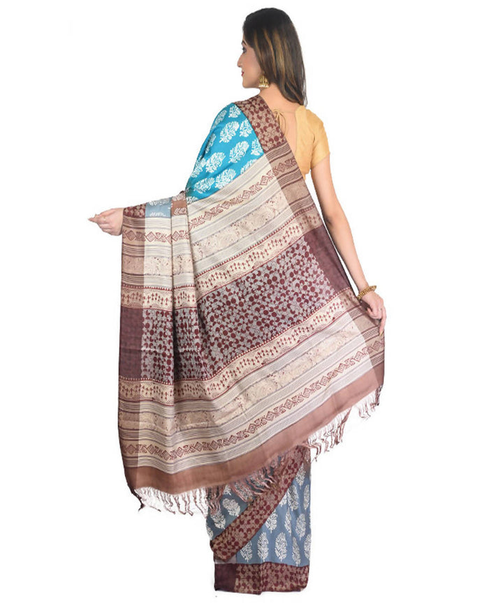 Sky blue handblock printed eri silk saree