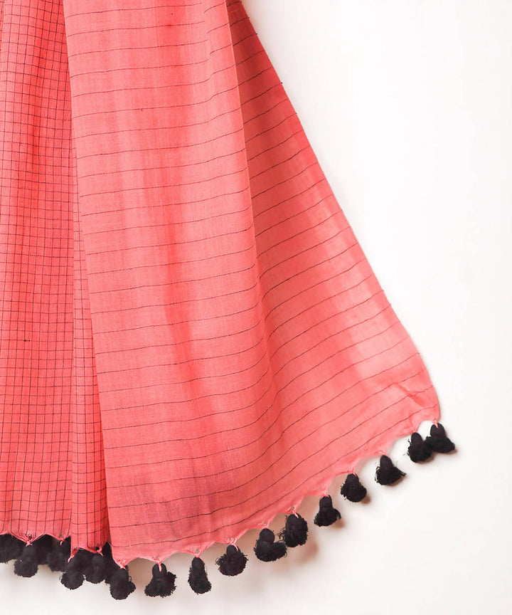 Handwoven pink checks fulia cotton stole with pom pom tassels