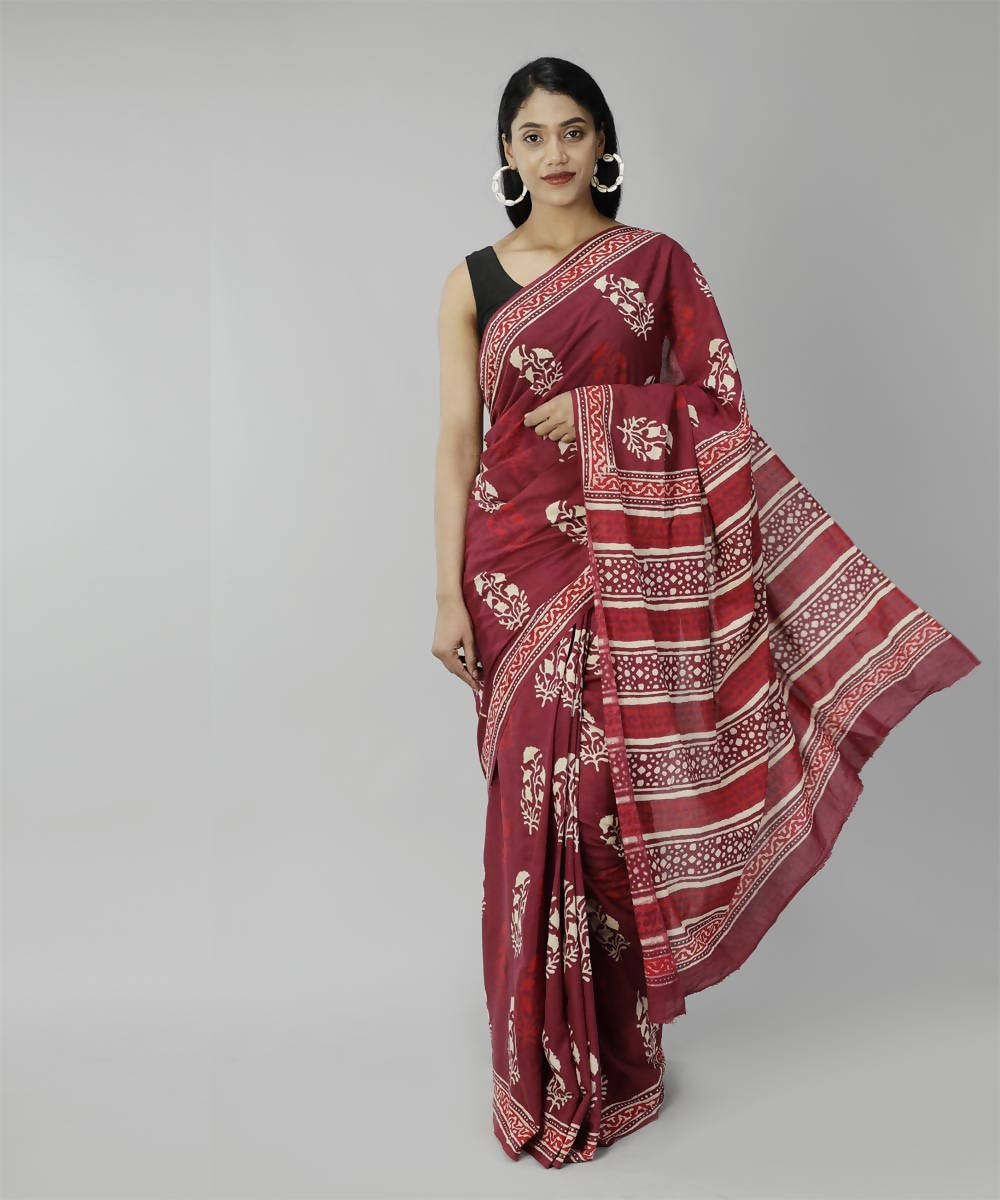 Dark red bagru handblock printed cotton saree