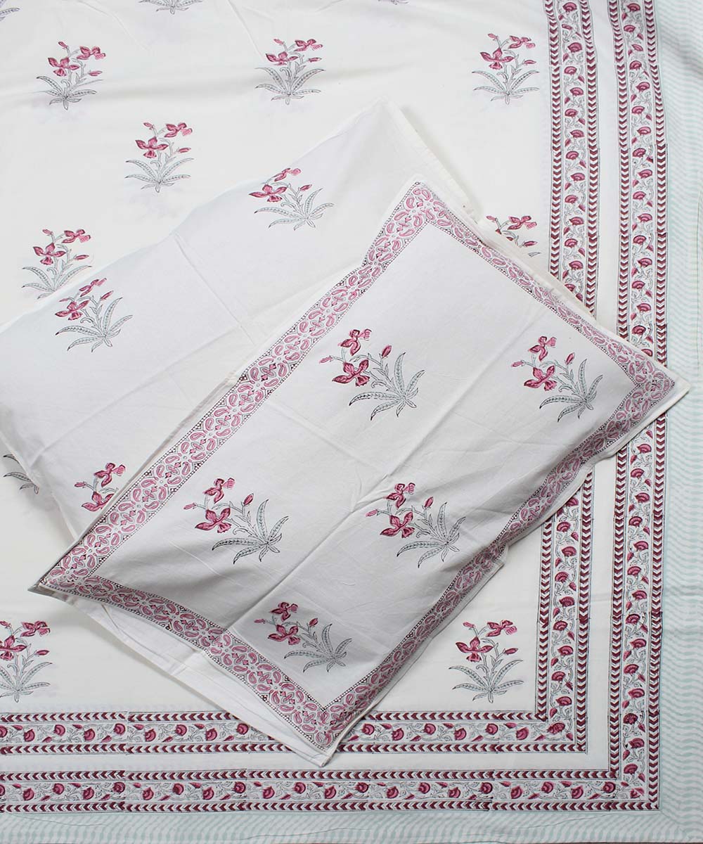 White green cotton floral hand block print bedsheet