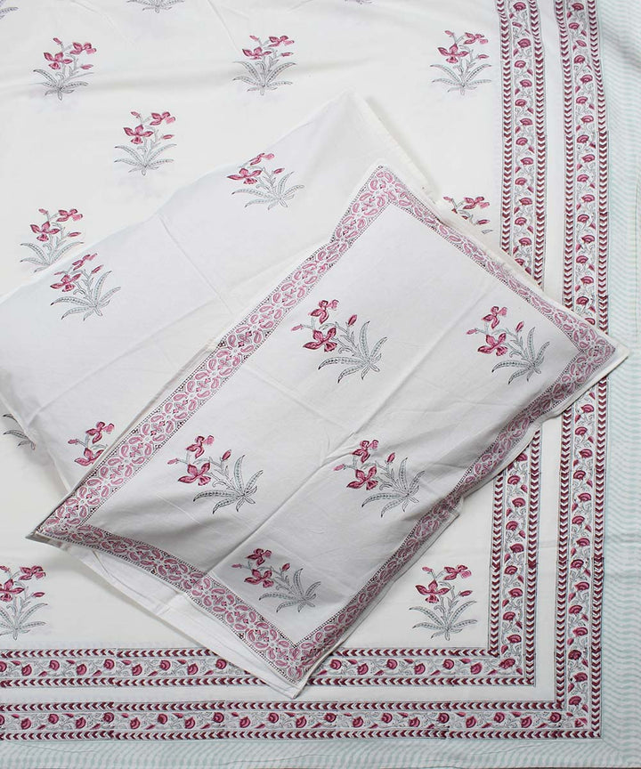 White green cotton floral hand block print bedsheet