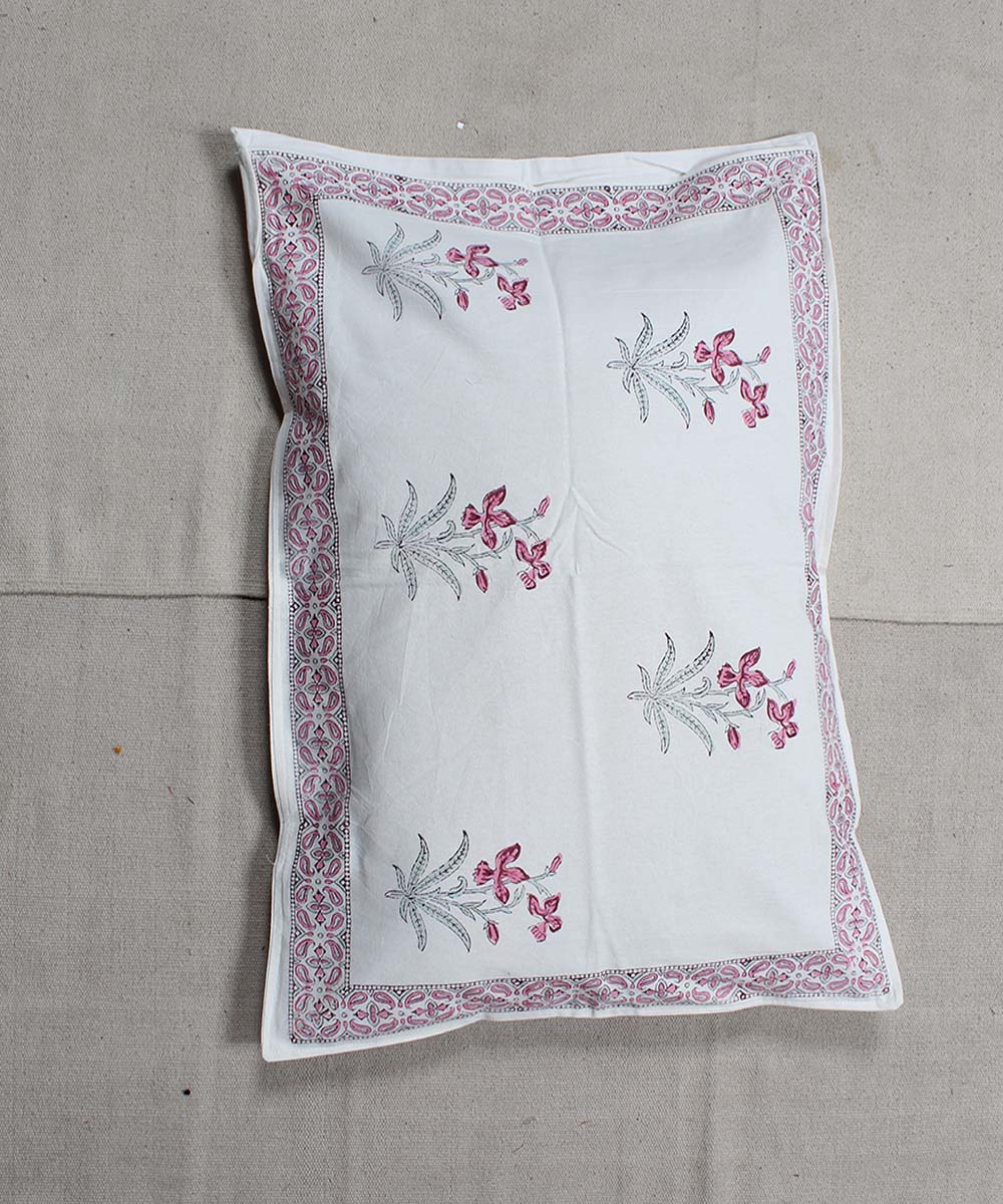 White green cotton floral hand block print bedsheet