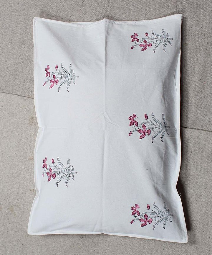 White green cotton floral hand block print bedsheet