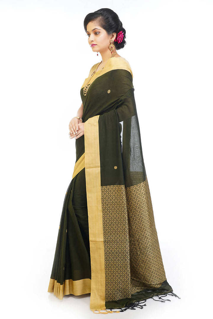 Handloom bengal black and beige cotton saree