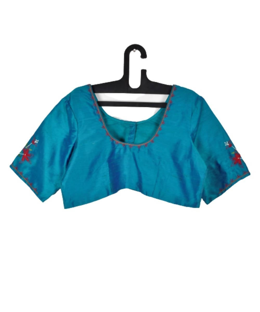 Dual shaded blue raw silk blouse with embroidery lily motifs