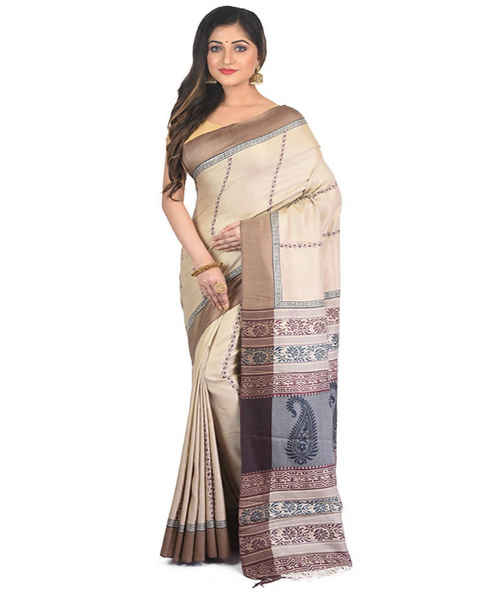 Beige brown handblock printed eri silk saree