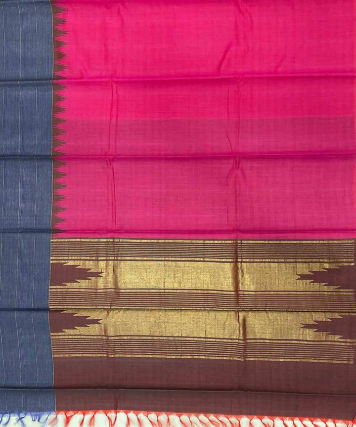 Pink handwoven temple border tussar silk saree