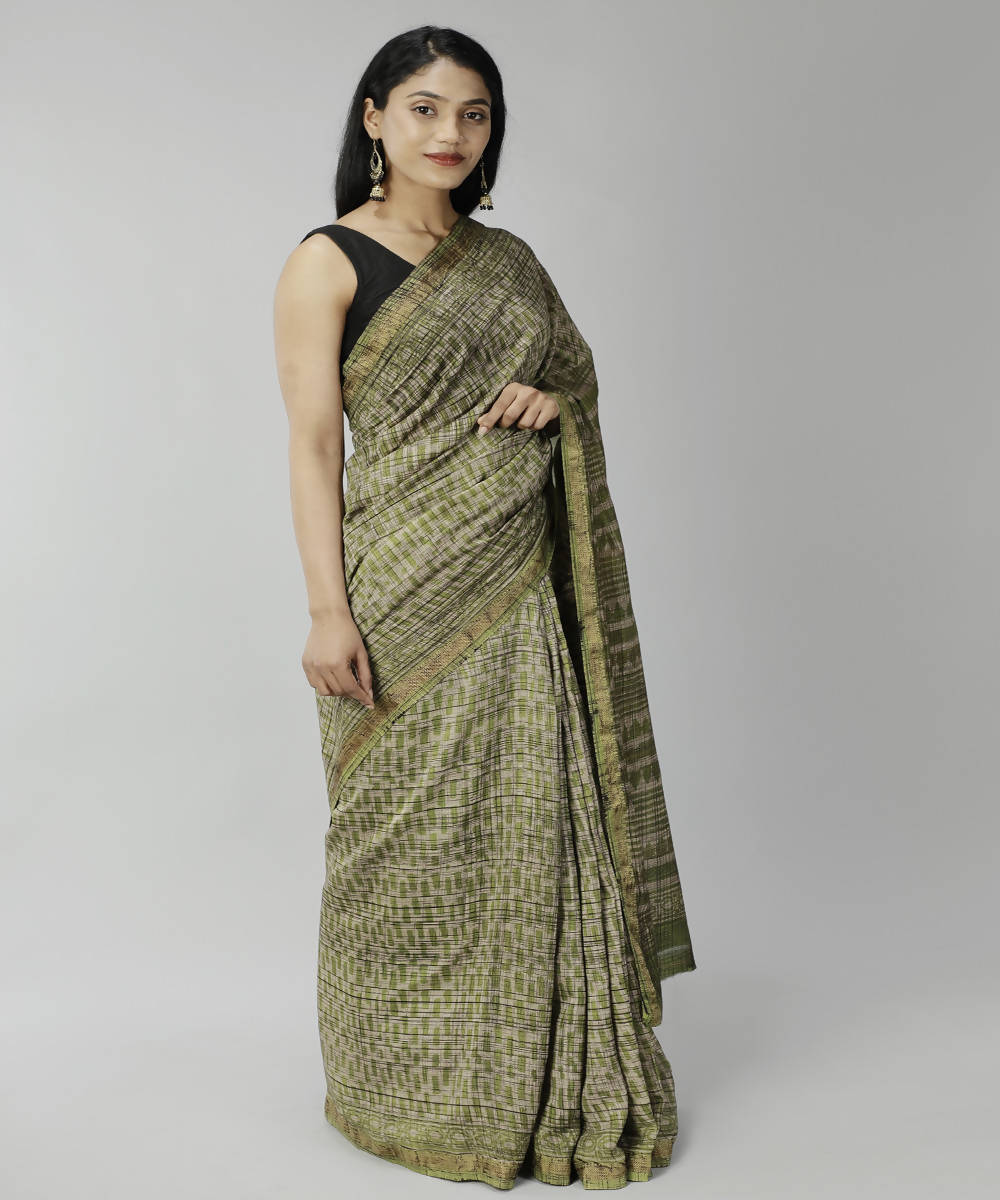 Dark olive green bagru handblock printed cotton silk saree