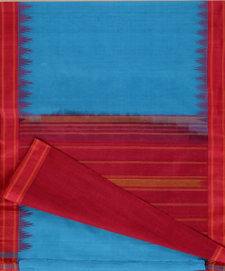 Ananda blue kanchi cotton saree dark red silk korvai temple border