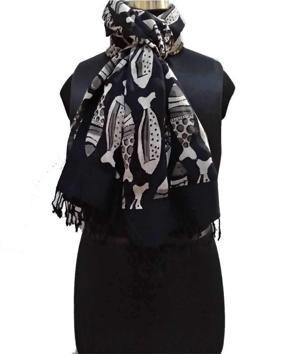 Black white handblock fish motif printed sico stole