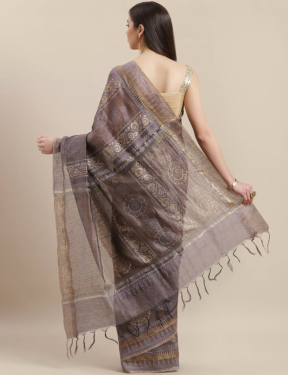 Brown golden handwoven linen printed saree