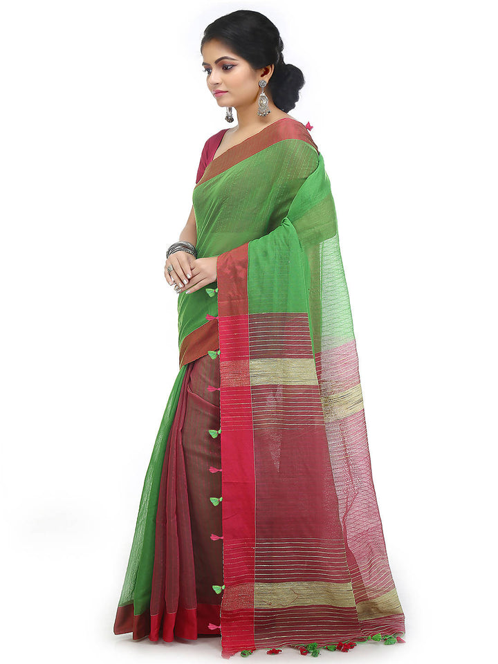 Green red bengal handloom cotton blend saree