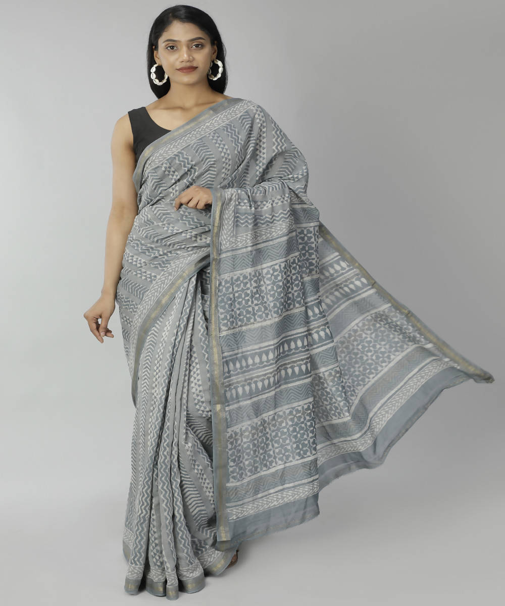Grey bagru handblock printed cotton silk saree