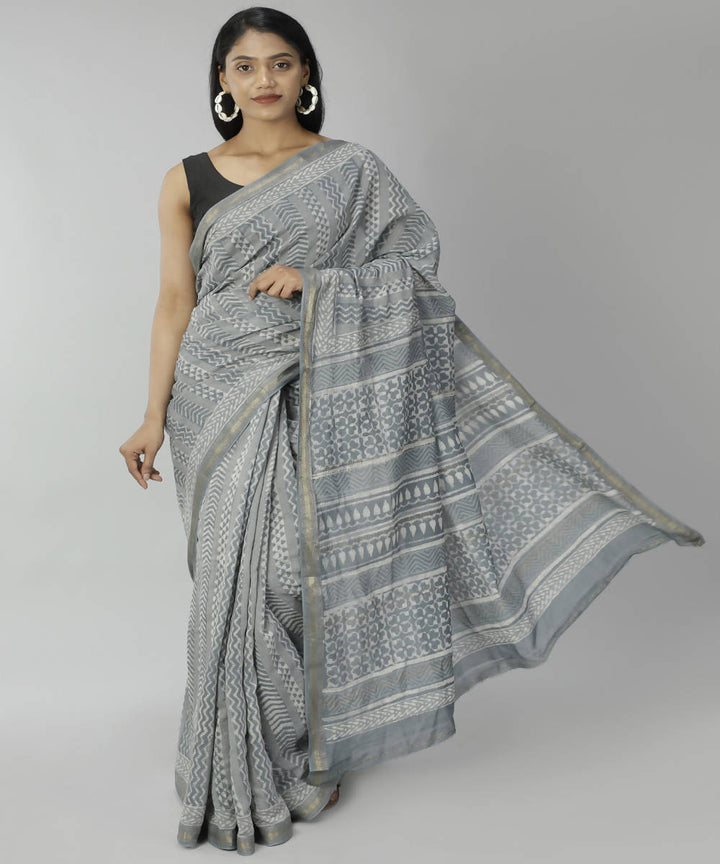 Grey bagru handblock printed cotton silk saree