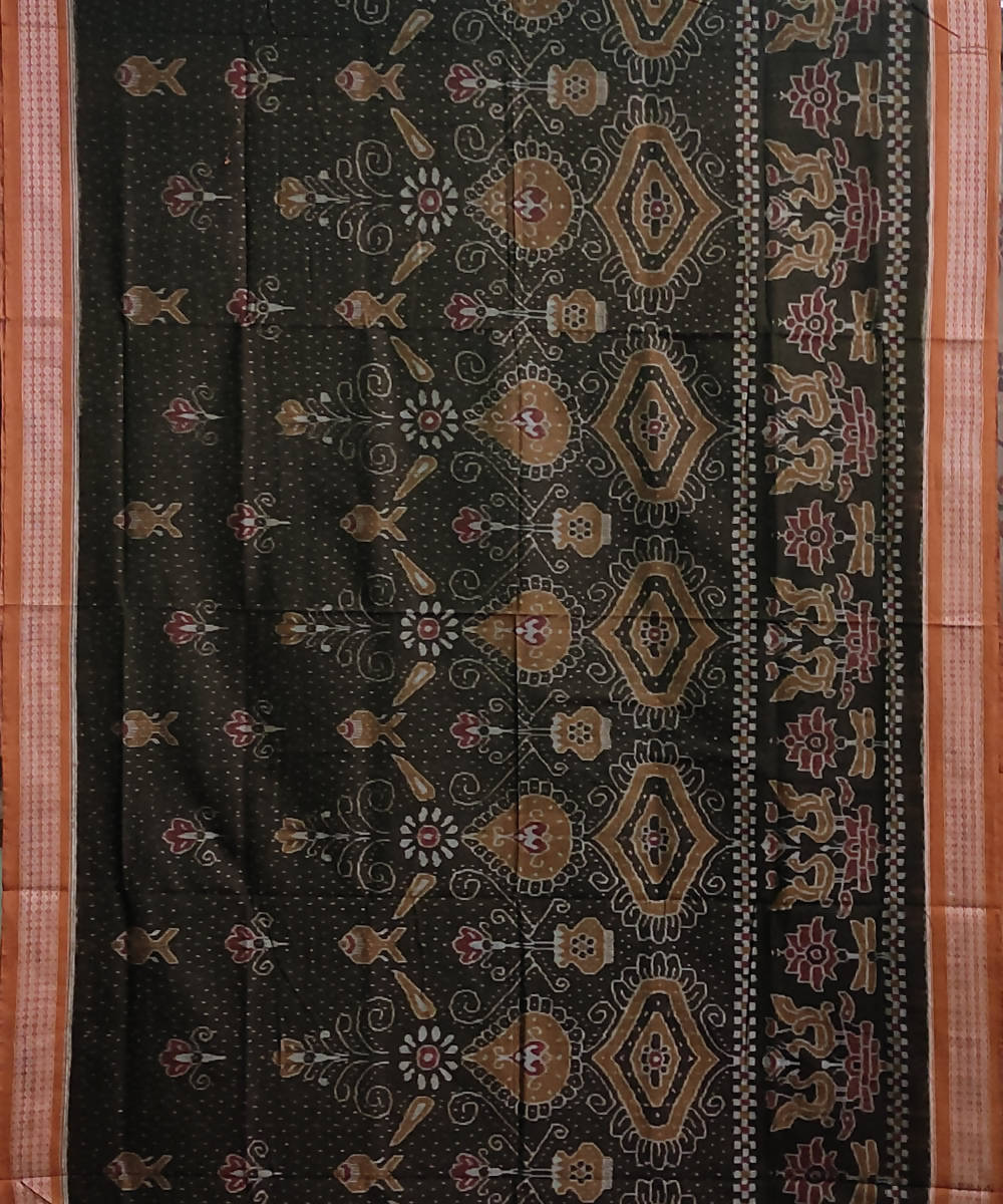 Dark green brown cotton handwoven sambalpuri saree