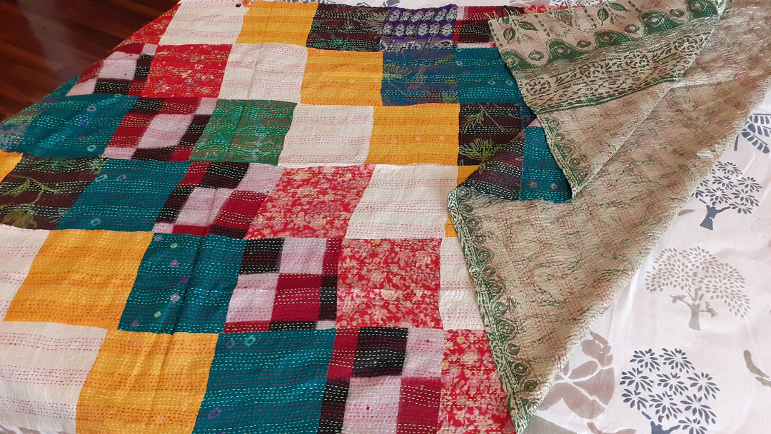 Multicolor Patchwork hand stitched reversible kantha silk shawl