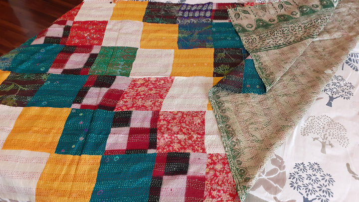 Multicolor Patchwork hand stitched reversible kantha silk shawl