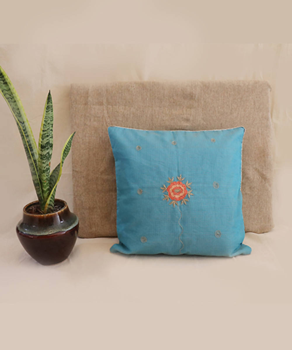 Sky blue hand embroidered kota festive cushion cover